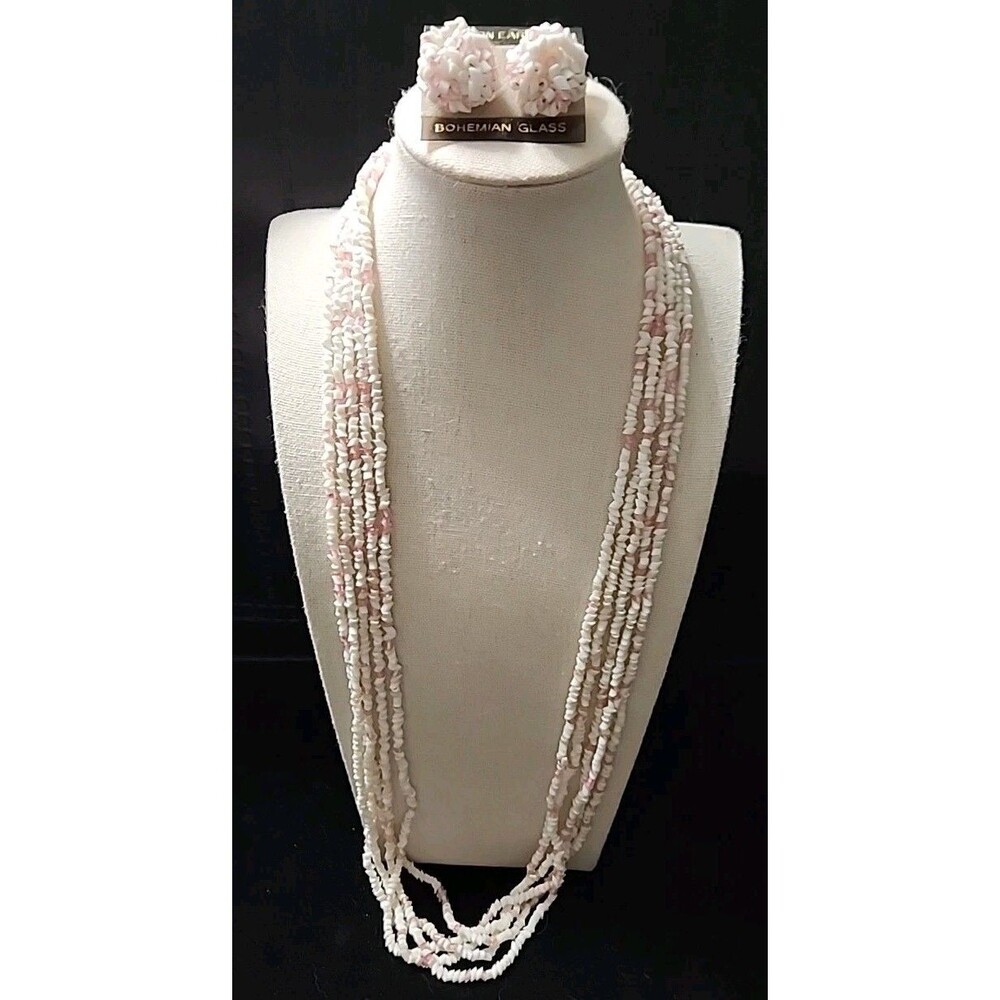 Bohemian Glass Vintage Necklace Pierced Earring Set White Pink Gold Tone 90s